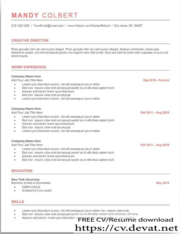 Free Resume Template format word for USA jobs and UK jobs