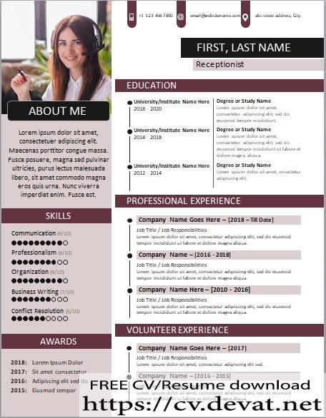 receptionist resume cv template in ms word