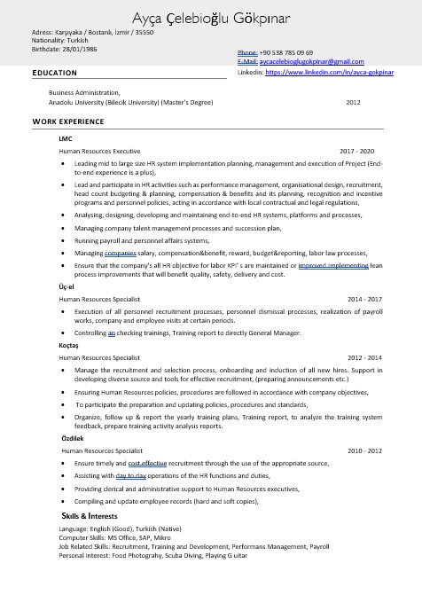 Human Resources Specialist Turkish CV - CV Resume download Share